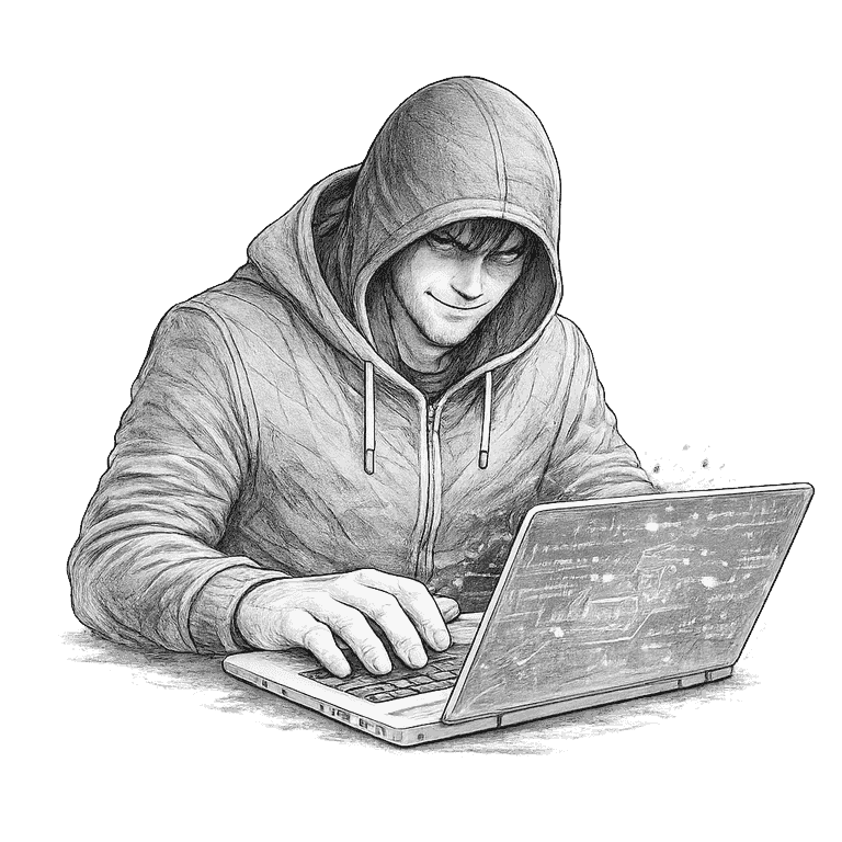 Illustration of a scammer working at a computer
