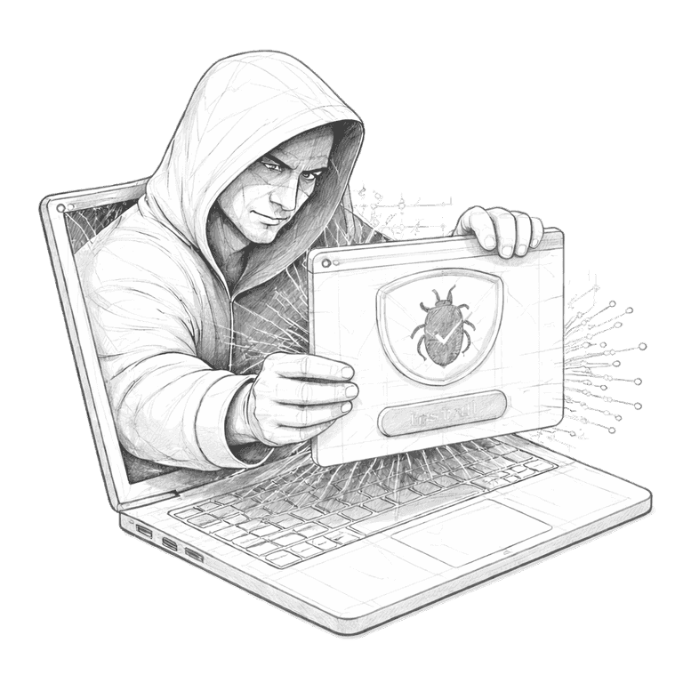 Illustration of a hacker luring victims through a fake website
