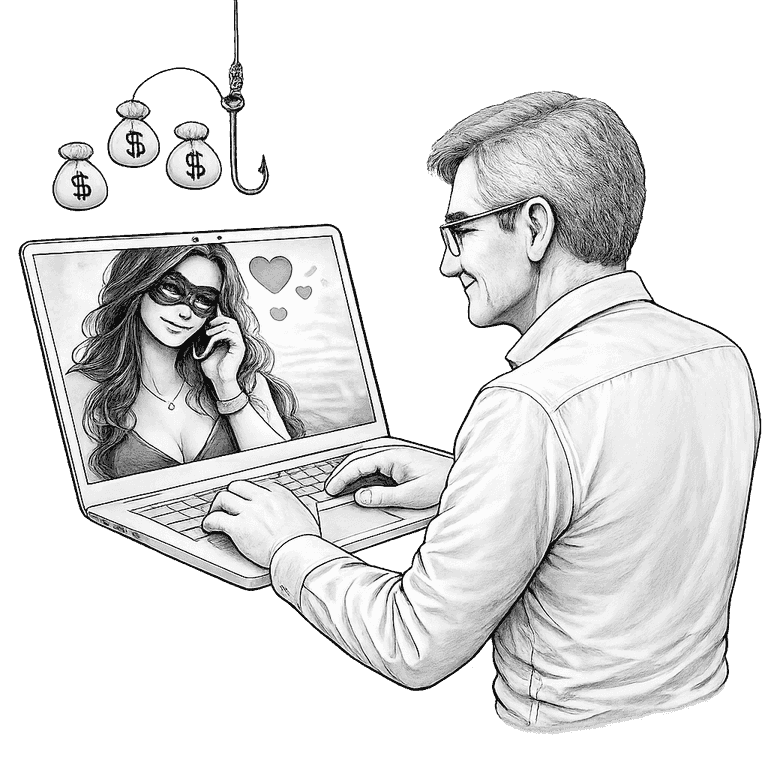 Illustration of an online romance scam