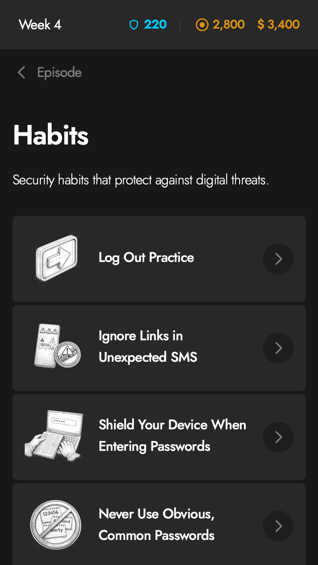 Game screen listing security habits that protect against digital threats